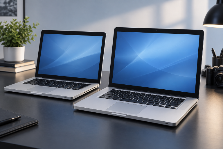 Редакционная иллюстрация двух ноутбуков MacBook Pro в корпусах образца 2010 года