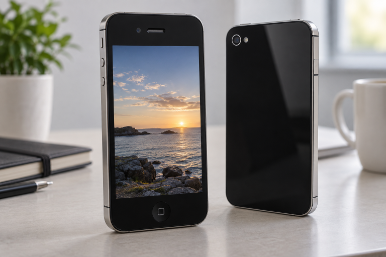 Редакционная иллюстрация чёрного iPhone 4 с физической кнопкой «Домой» и стальной рамкой