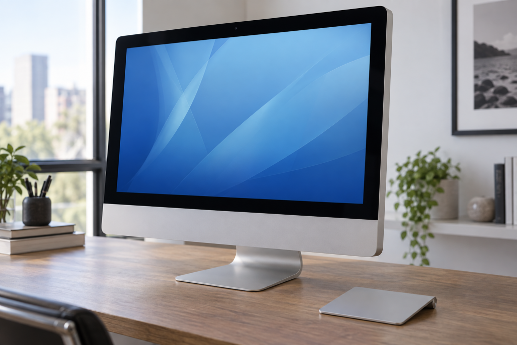 Редакционная иллюстрация iMac образца 2010 года и отдельной панели Magic Trackpad