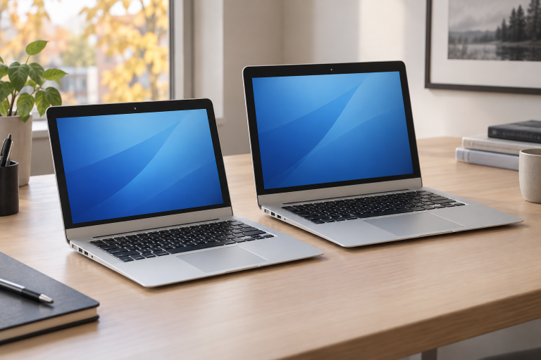 Редакционная иллюстрация двух MacBook Air образца 2010 года