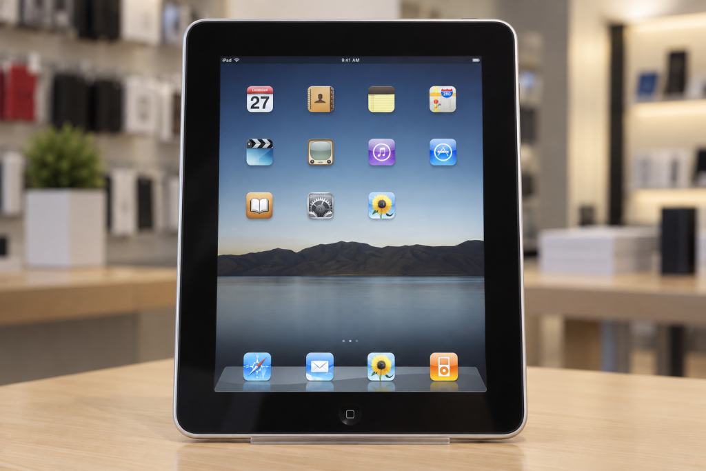 Редакционная иллюстрация iPad первого поколения образца 2010 года: чёрная рамка, кнопка «Домой», без фронтальной камеры
