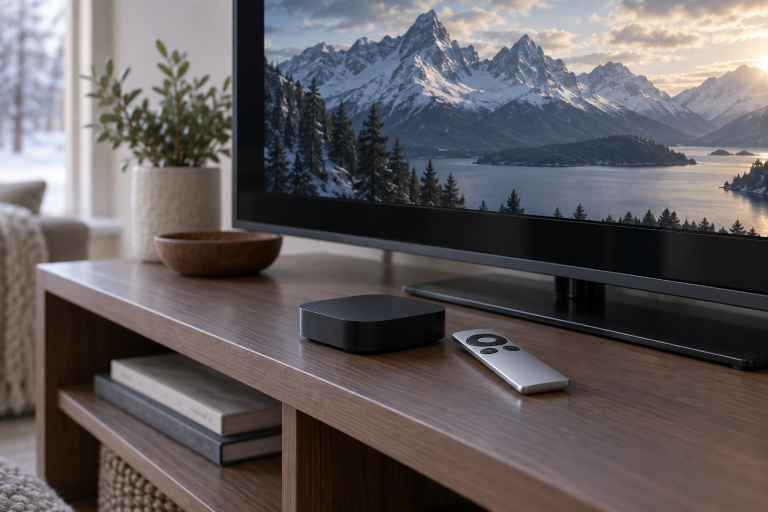 Редакционная иллюстрация компактной приставки Apple TV второго поколения и серебристого пульта