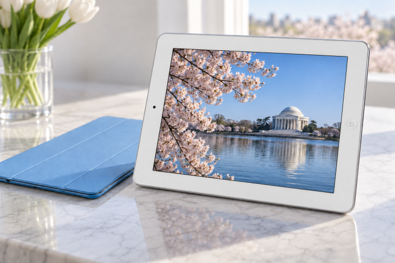 Редакционная иллюстрация iPad 2: фронтальная камера на короткой стороне напротив кнопки «Домой»