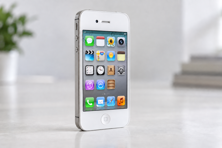 Редакционная иллюстрация белого iPhone 4 с плоской металлической рамкой и физической кнопкой «Домой»