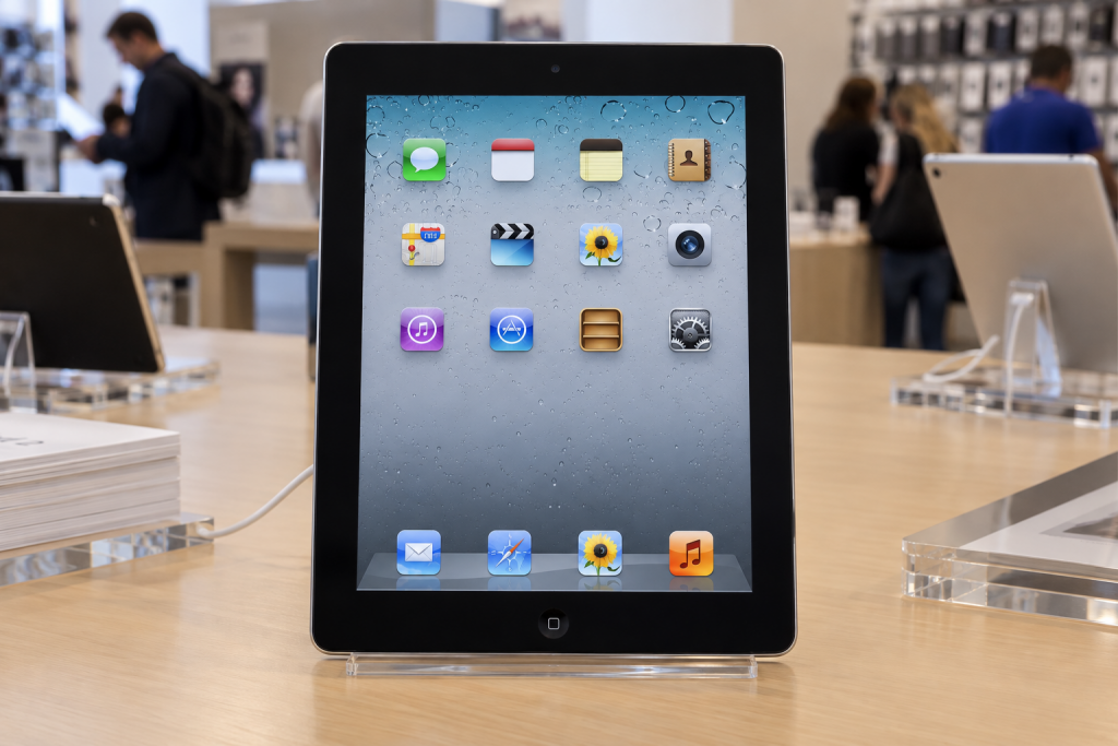 Редакционная иллюстрация чёрного iPad 2 на витрине магазина электроники