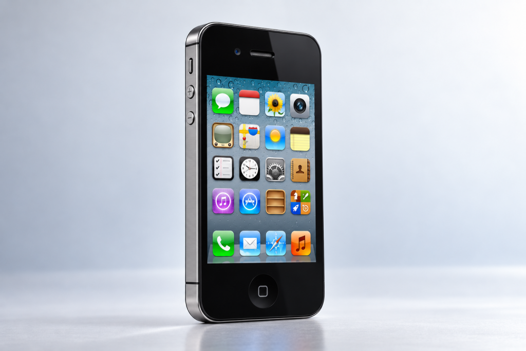 Редакционная иллюстрация чёрного iPhone 4S с физической кнопкой «Домой» и металлической рамкой