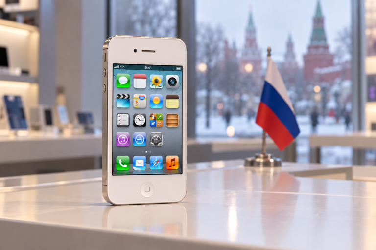 Редакционная иллюстрация белого iPhone 4S на витрине с российским флагом, не фотография события