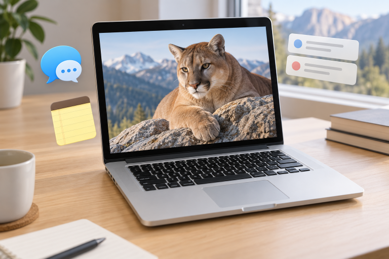Редакционная иллюстрация предварительной версии OS X Mountain Lion: MacBook с пумой и символами сообщений, заметок и уведомлений, не скриншот системы