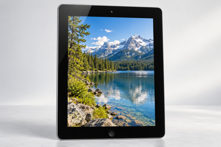 Редакционная иллюстрация чёрного iPad третьего поколения с широкими рамками, камерой на верхней короткой стороне и кнопкой «Домой», не официальное фото