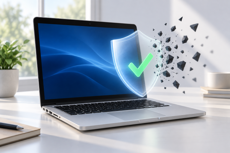 Символическая редакционная иллюстрация защиты Mac от Flashback: ноутбук и щит с отметкой проверки, не интерфейс утилиты
