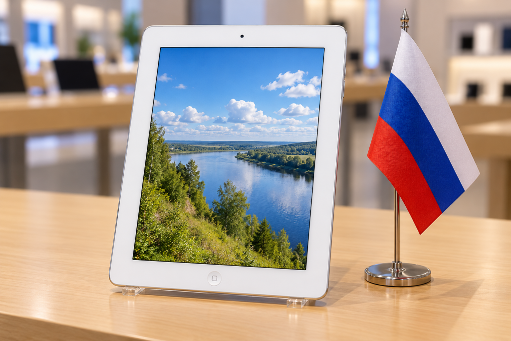 Редакционная иллюстрация белого iPad третьего поколения на прилавке рядом с российским флагом, не фотография старта продаж