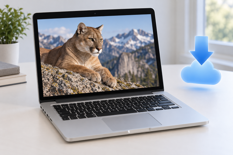 Символическая редакционная иллюстрация выпуска OS X Mountain Lion: MacBook с пумой и значком загрузки, не скриншот системы