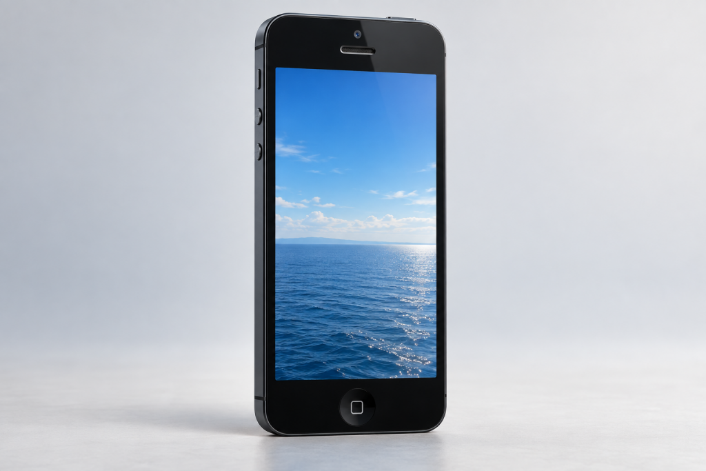 Редакционная иллюстрация чёрного iPhone 5 образца 2012 года с четырёхдюймовым экраном и кнопкой «Домой», не официальное фото