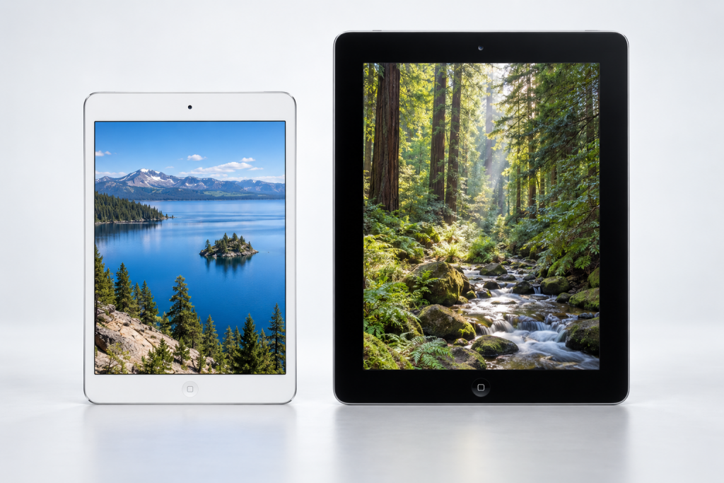 Редакционная иллюстрация первого белого iPad mini и более крупного чёрного iPad четвёртого поколения, не официальное фото