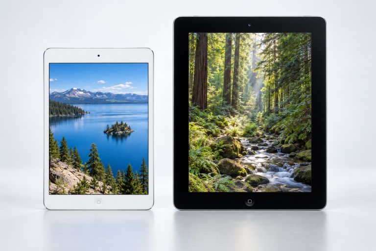 Редакционная иллюстрация первого белого iPad mini и более крупного чёрного iPad четвёртого поколения, не официальное фото
