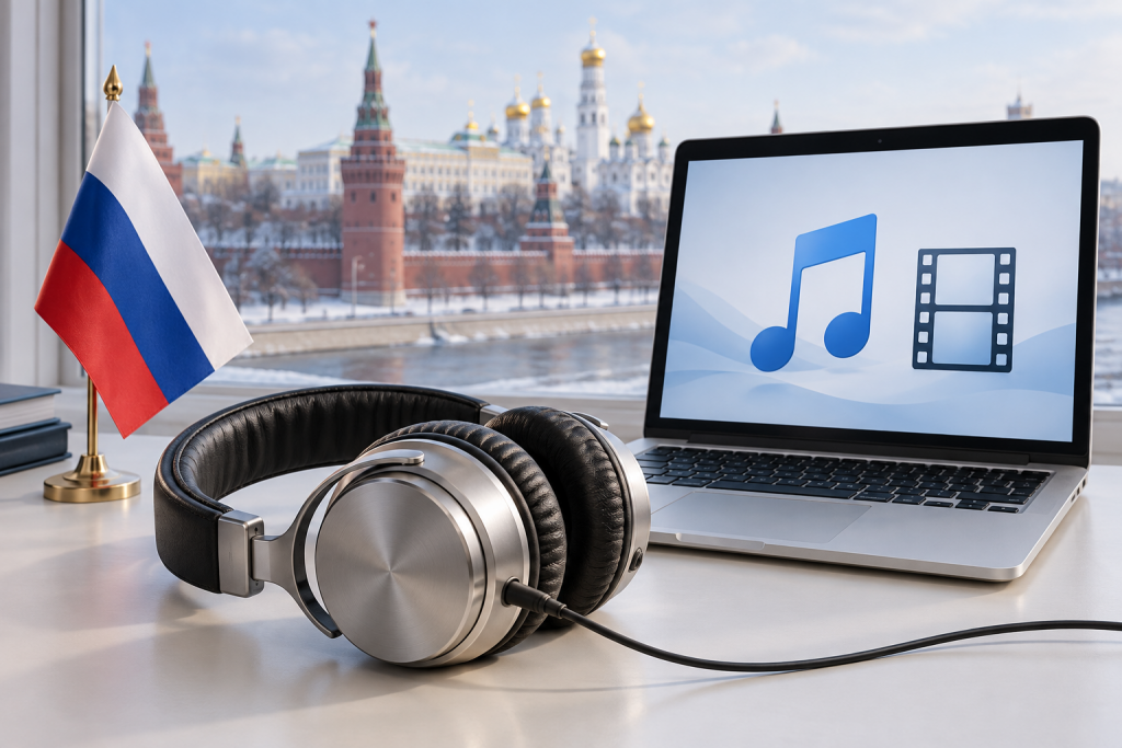 Редакционная иллюстрация открытия iTunes Store в России: проводные наушники, российский флаг и символы музыки и кино на ноутбуке, не скриншот магазина