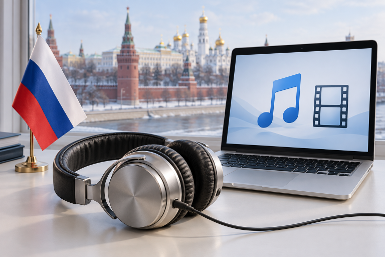 Редакционная иллюстрация открытия iTunes Store в России: проводные наушники, российский флаг и символы музыки и кино на ноутбуке, не скриншот магазина