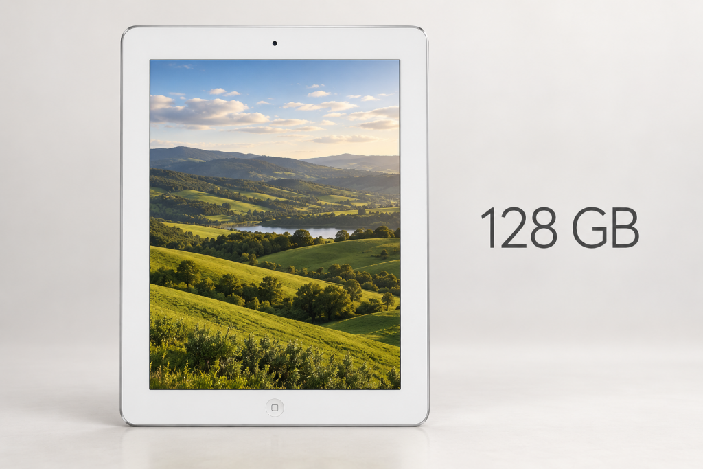 Редакционная иллюстрация белого iPad четвёртого поколения с подписью 128 GB, фронтальная камера на короткой стороне напротив кнопки «Домой», не официальное фото