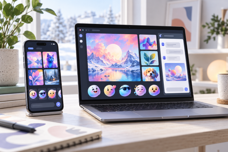 Иллюстрация творческих функций на смартфоне и ноутбуке