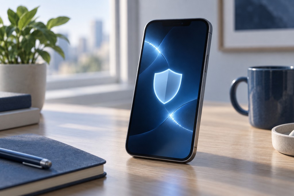 Редакционная иллюстрация смартфона с символом защиты