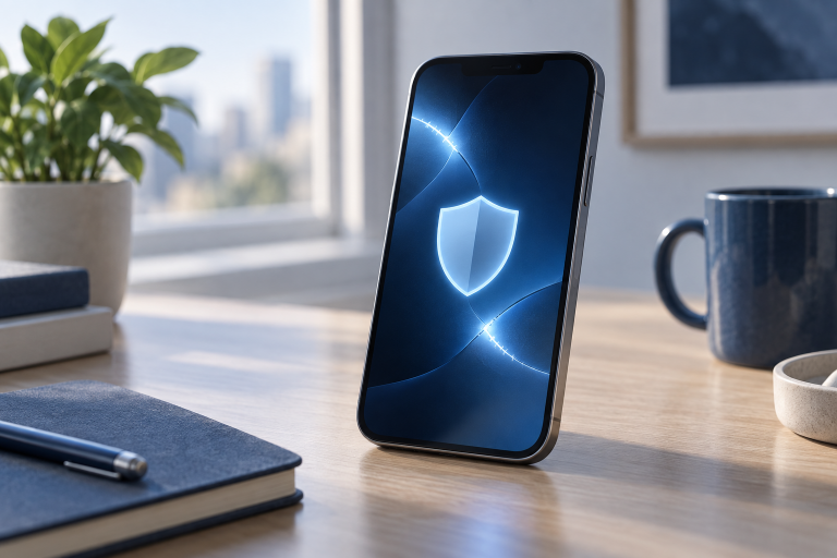 Редакционная иллюстрация смартфона с символом защиты