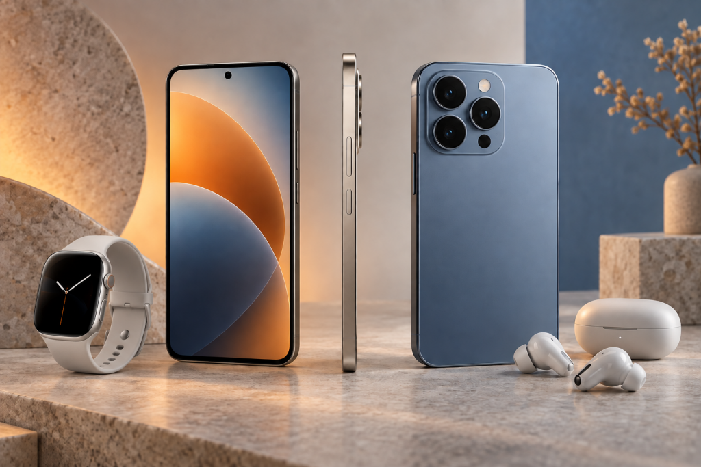 iPhone 17, тонкий iPhone Air, Apple Watch и AirPods Pro 3 — редакционная иллюстрация