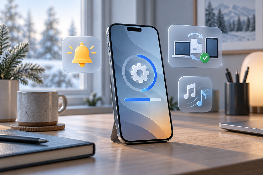 Редакционная иллюстрация обновления iPhone с напоминаниями, передачей файлов и музыкой