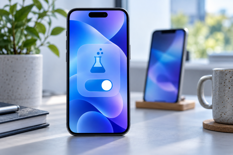 Редакционная иллюстрация смартфона с условным знаком тестовой версии системы